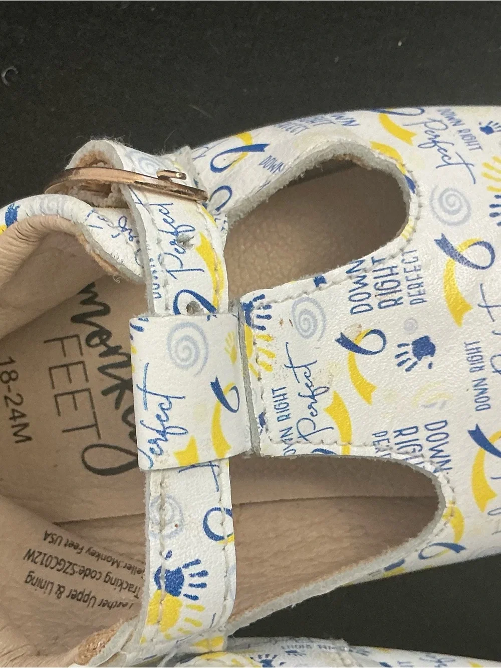 Monkey Feet White Mary Jane Shoes with Yellow & Blue Down syndrome print